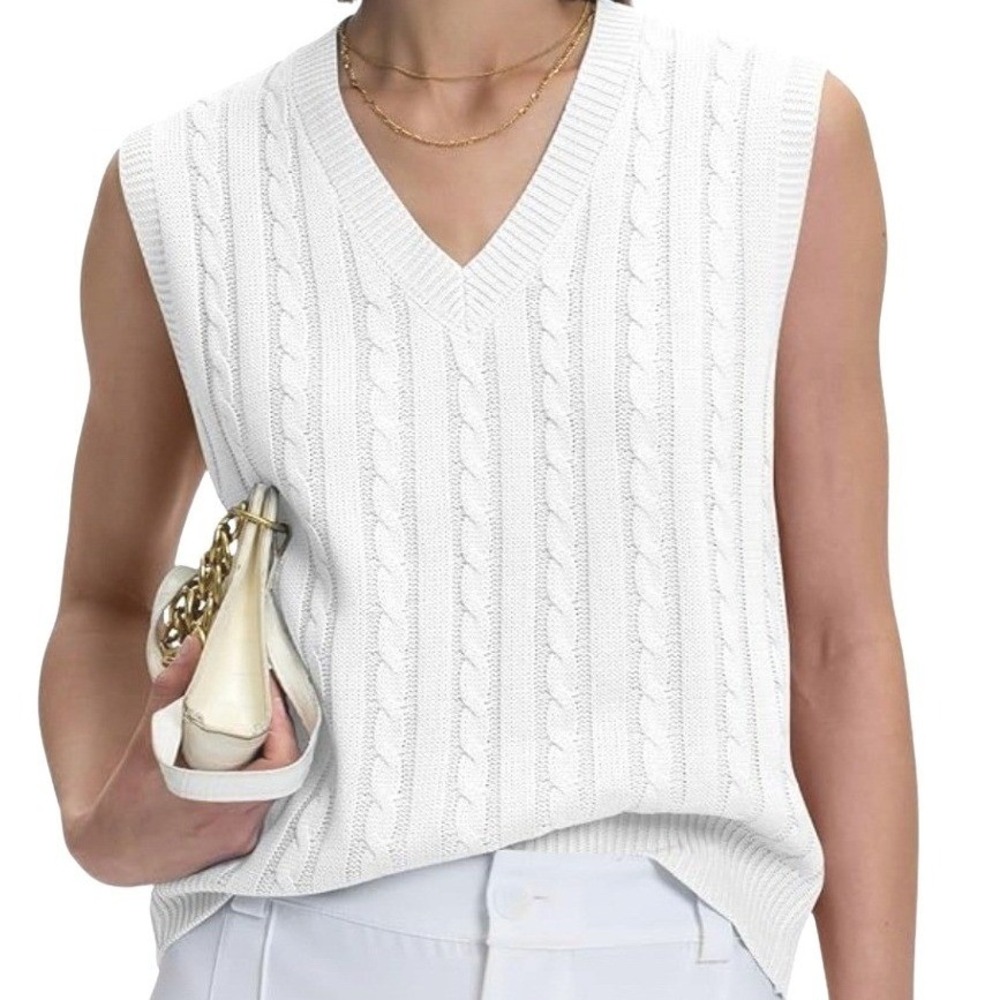 The Drop Womens White Cable Knit V-Neck Sweater Vest Size XXL Relaxed Fit Wool‎